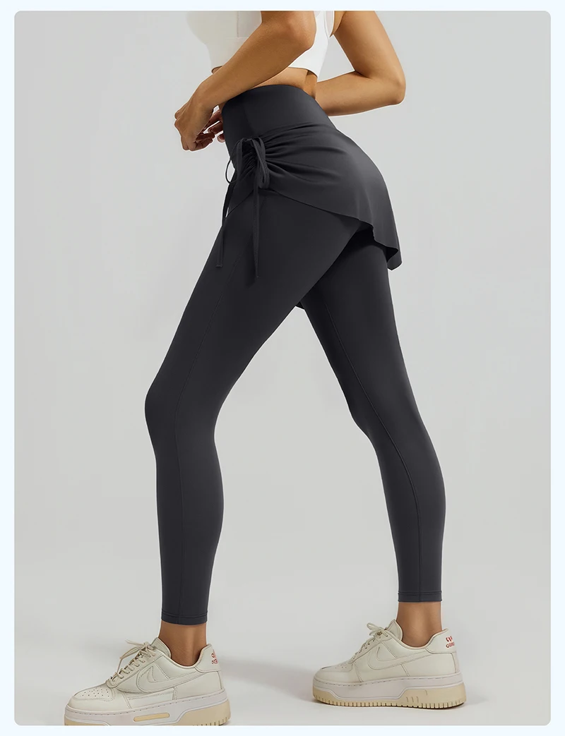 BIVIGAOS New Spring Drawstring Pleated Yoga Leggings Skirt Pants Fake Two Piece Women High Waist Elastic Sports Fitness Leggings