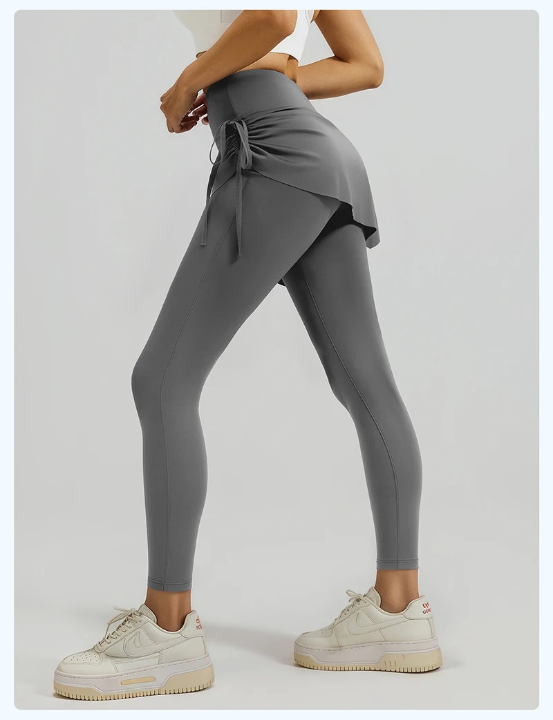BIVIGAOS New Spring Drawstring Pleated Yoga Leggings Skirt Pants Fake Two Piece Women High Waist Elastic Sports Fitness Leggings