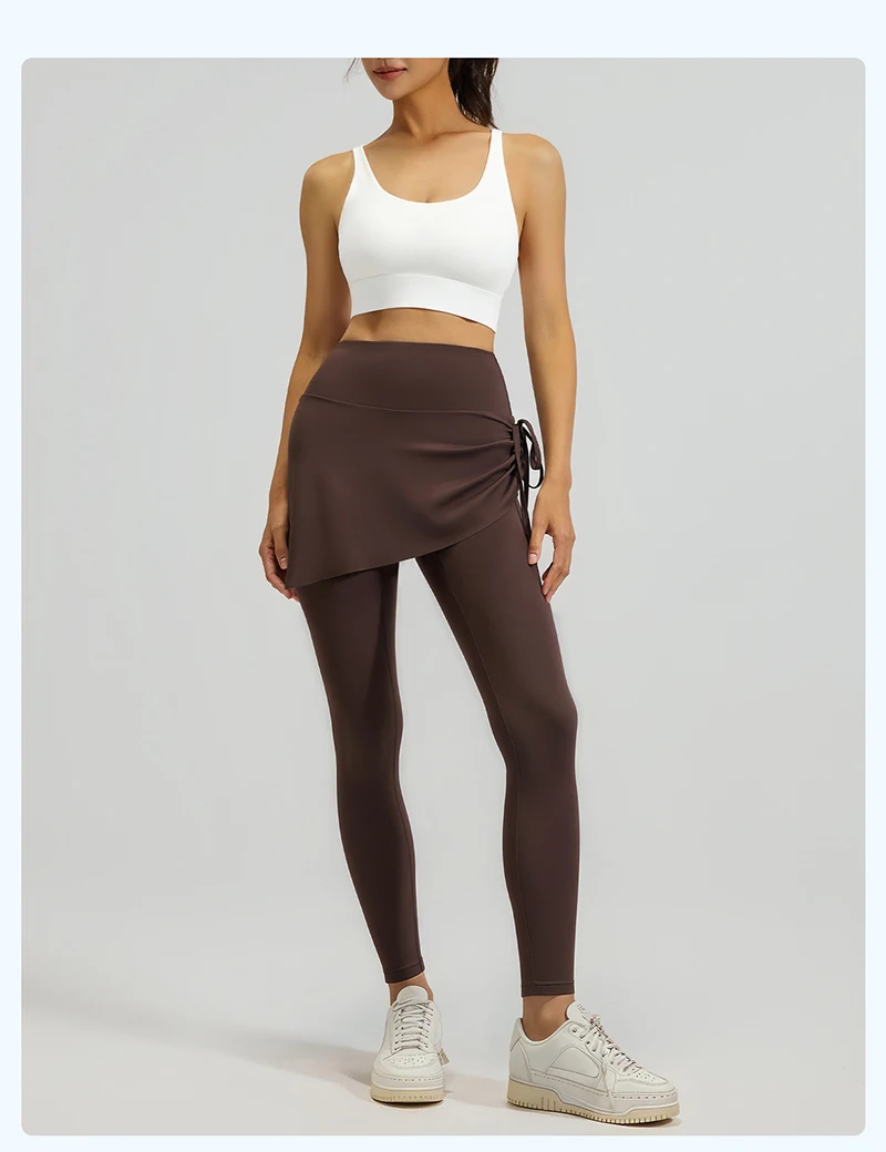 BIVIGAOS New Spring Drawstring Pleated Yoga Leggings Skirt Pants Fake Two Piece Women High Waist Elastic Sports Fitness Leggings