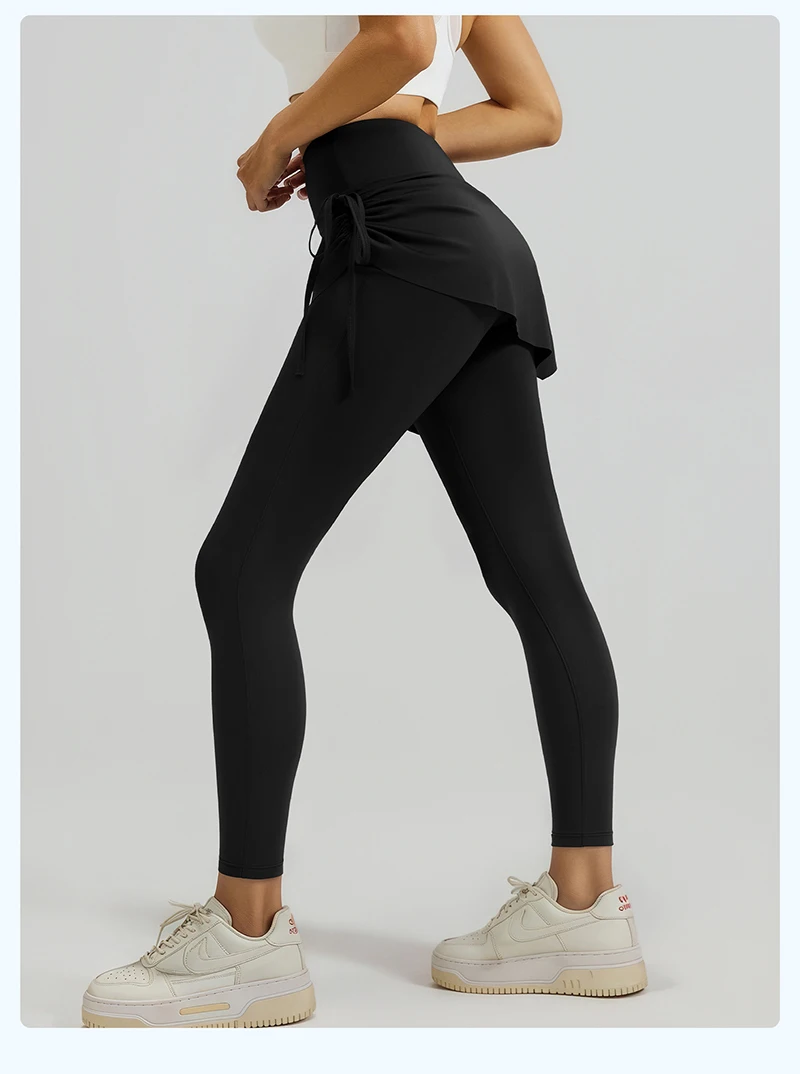 BIVIGAOS New Spring Drawstring Pleated Yoga Leggings Skirt Pants Fake Two Piece Women High Waist Elastic Sports Fitness Leggings