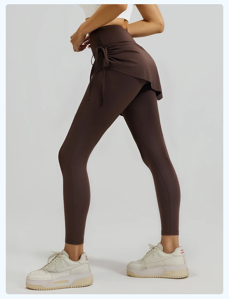 BIVIGAOS New Spring Drawstring Pleated Yoga Leggings Skirt Pants Fake Two Piece Women High Waist Elastic Sports Fitness Leggings