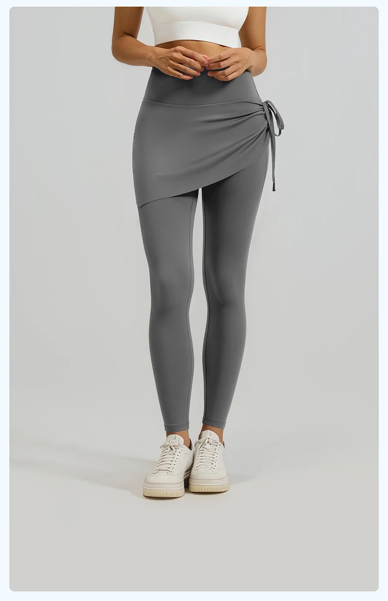 BIVIGAOS New Spring Drawstring Pleated Yoga Leggings Skirt Pants Fake Two Piece Women High Waist Elastic Sports Fitness Leggings