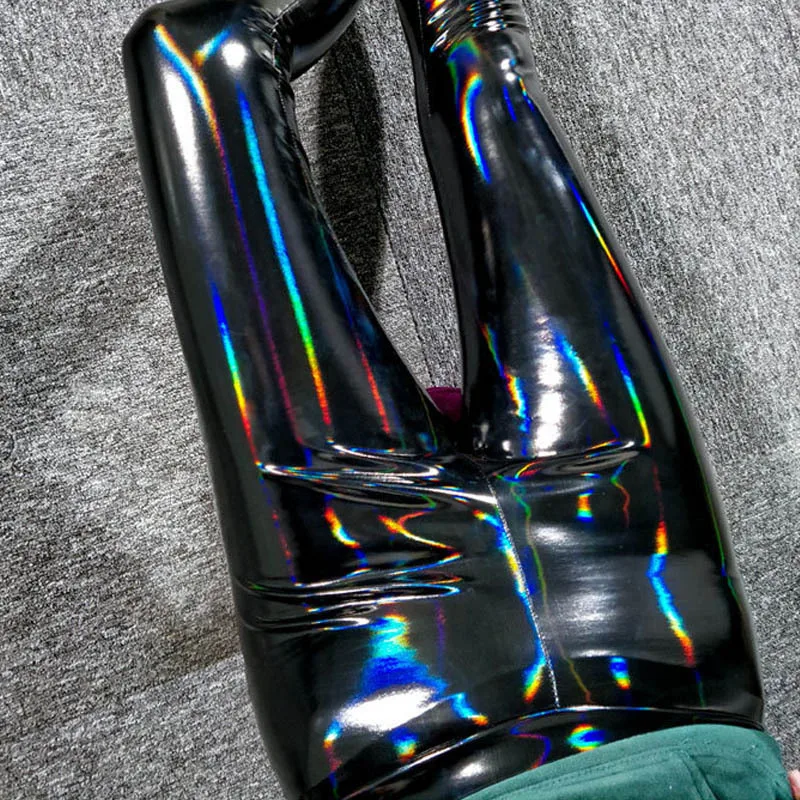 Women Colorful Shiny Leather Leggings Black Mirror Reflective Stretch Leather Pants Skinny Thin Leather Pencil Trousers Legging
