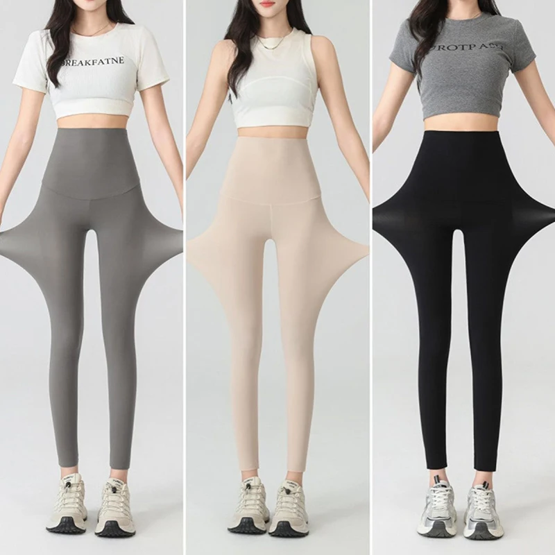 Summer Sunscreen High Waist Leggings Women Silky Ice Cooling 4-Way Stretch Capri Trousers Tummy Control Yoga Pants