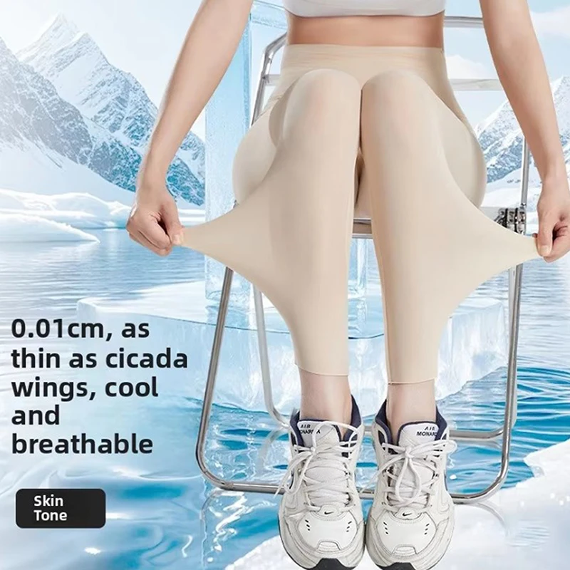 Summer Sunscreen High Waist Leggings Women Silky Ice Cooling 4-Way Stretch Capri Trousers Tummy Control Yoga Pants