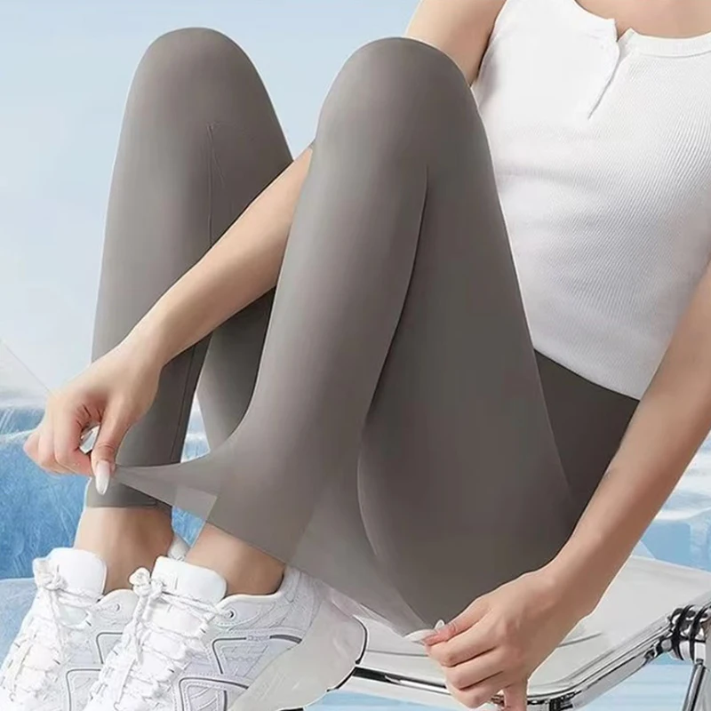 Summer Sunscreen High Waist Leggings Women Silky Ice Cooling 4-Way Stretch Capri Trousers Tummy Control Yoga Pants