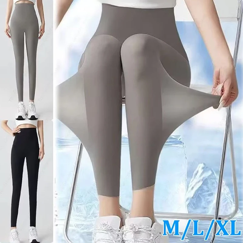 Summer Sunscreen High Waist Leggings Women Silky Ice Cooling 4-Way Stretch Capri Trousers Tummy Control Yoga Pants