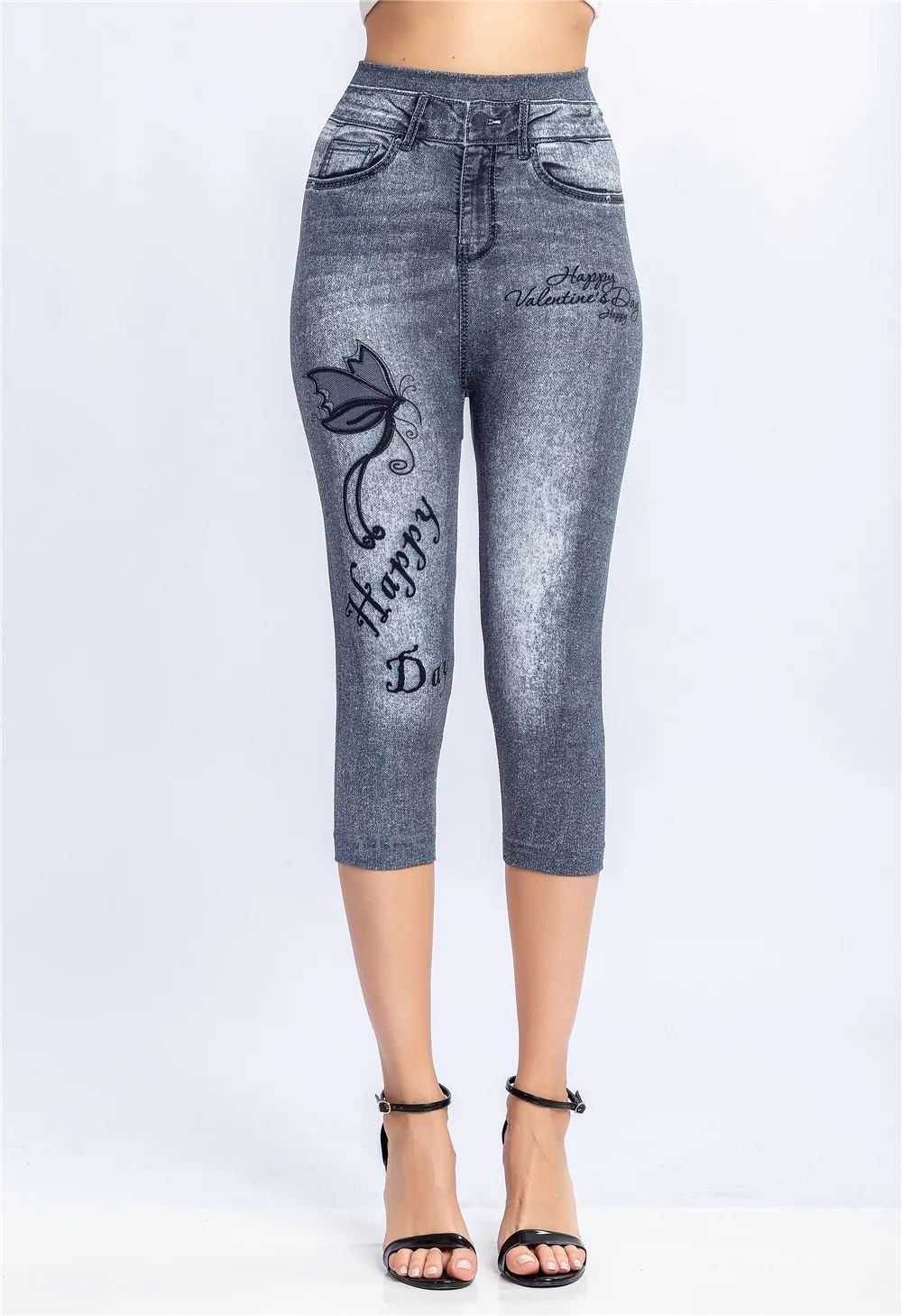 Women Plus Size Leggings Imitation Cropped Trousers 2025 New Mock Pocket Pants Slim Jeggings Denim Skinny