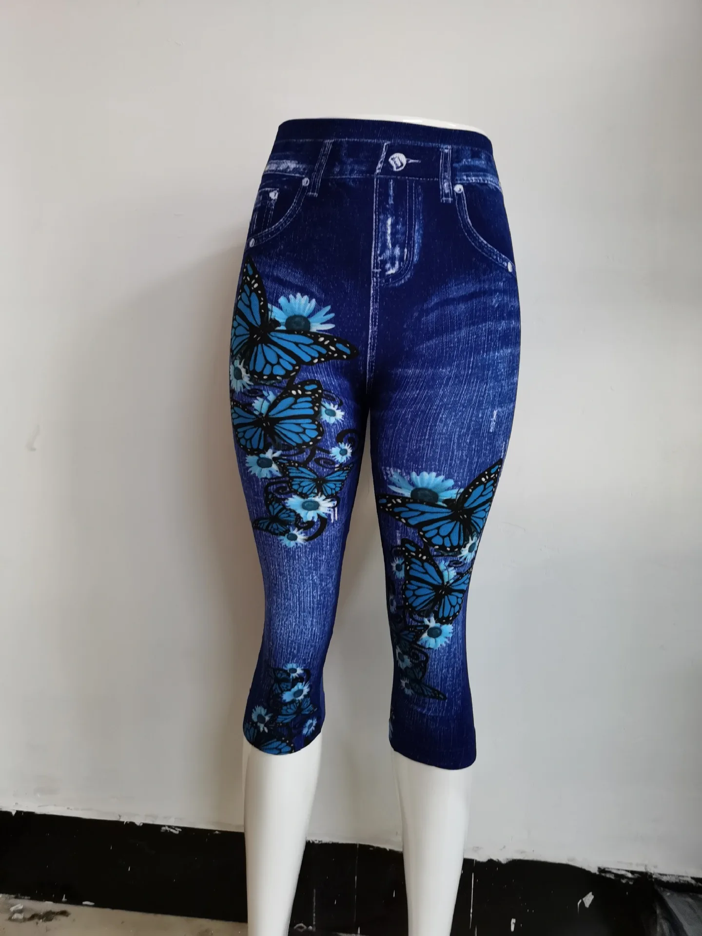 Women Plus Size Leggings Imitation Cropped Trousers 2025 New Mock Pocket Pants Slim Jeggings Denim Skinny