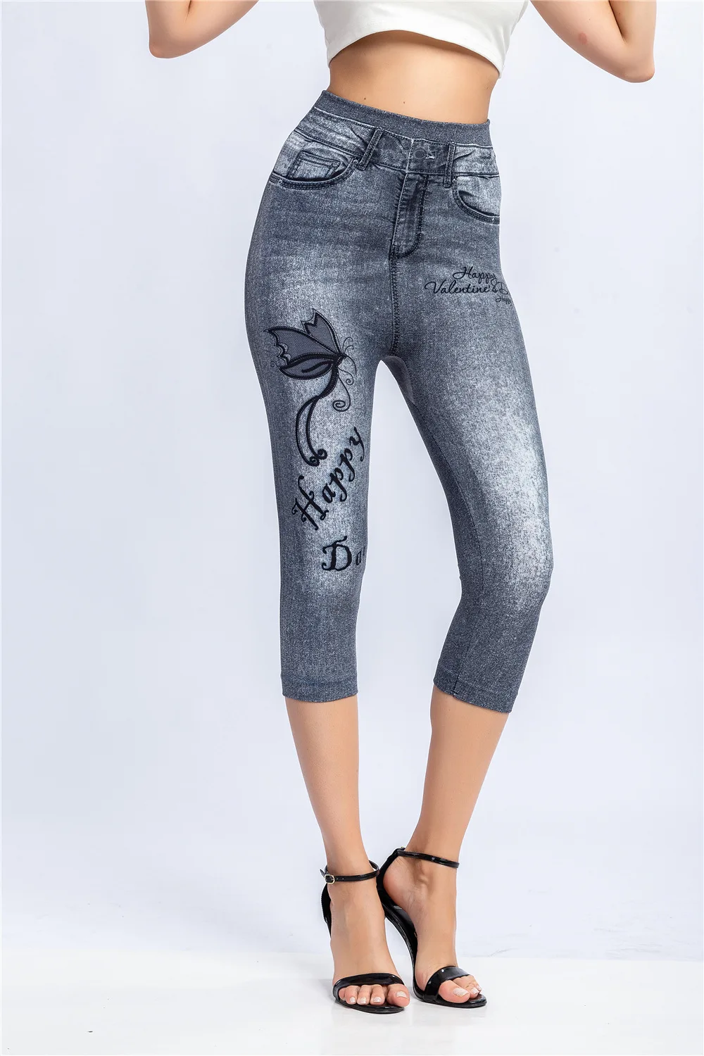 Women Plus Size Leggings Imitation Cropped Trousers 2025 New Mock Pocket Pants Slim Jeggings Denim Skinny
