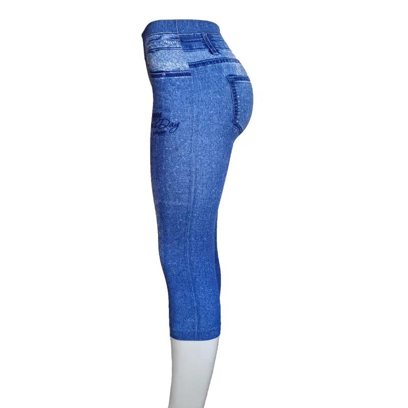 Women Plus Size Leggings Imitation Cropped Trousers 2025 New Mock Pocket Pants Slim Jeggings Denim Skinny