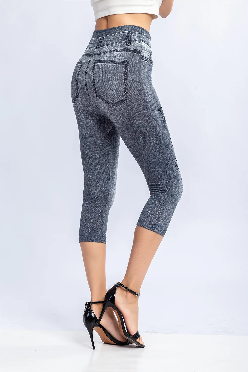 Women Plus Size Leggings Imitation Cropped Trousers 2025 New Mock Pocket Pants Slim Jeggings Denim Skinny