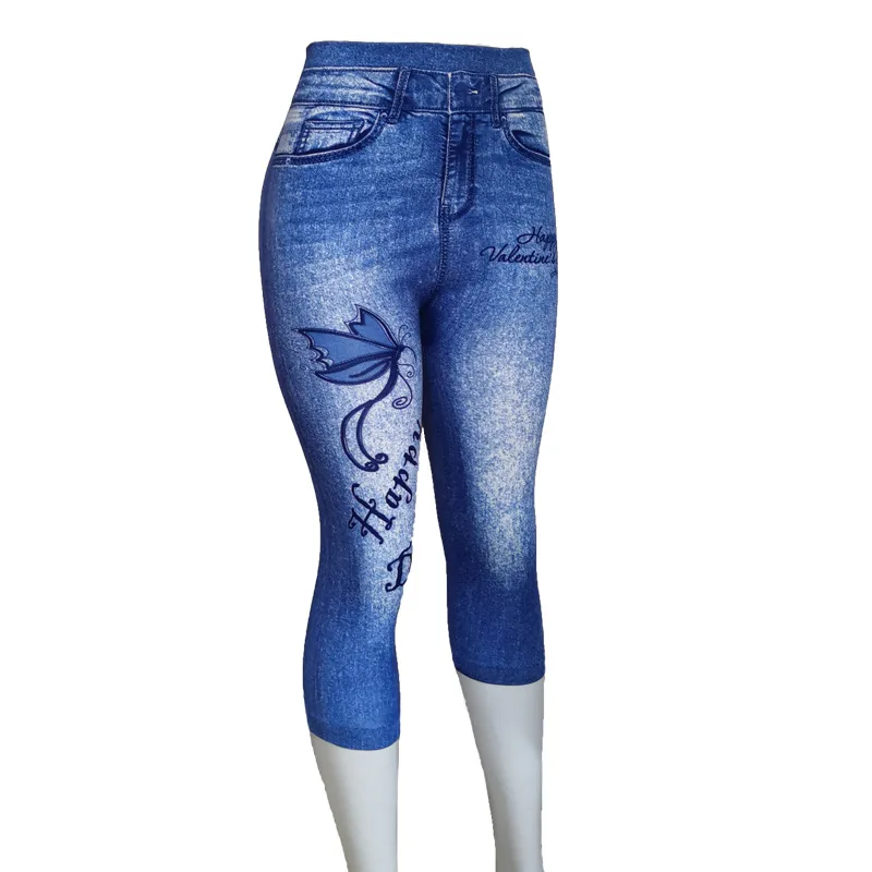 Women Plus Size Leggings Imitation Cropped Trousers 2025 New Mock Pocket Pants Slim Jeggings Denim Skinny