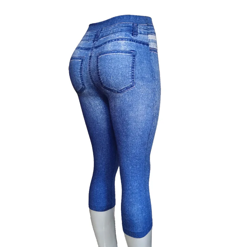 Women Plus Size Leggings Imitation Cropped Trousers 2025 New Mock Pocket Pants Slim Jeggings Denim Skinny