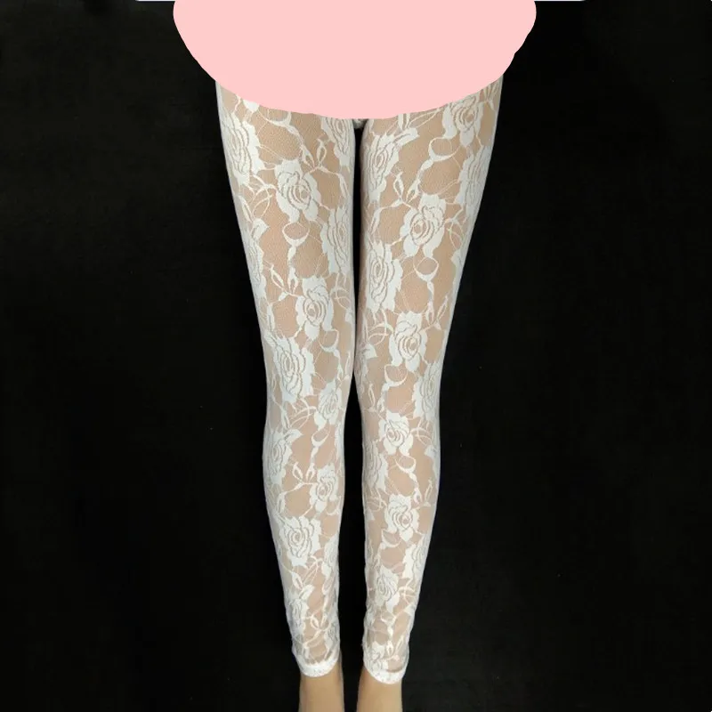 Summer Women Rose Floral Embroidery Full Ankle Length Leggins Hollow Out Lace High Waist Skinny Long Leggings Plus Size One Size
