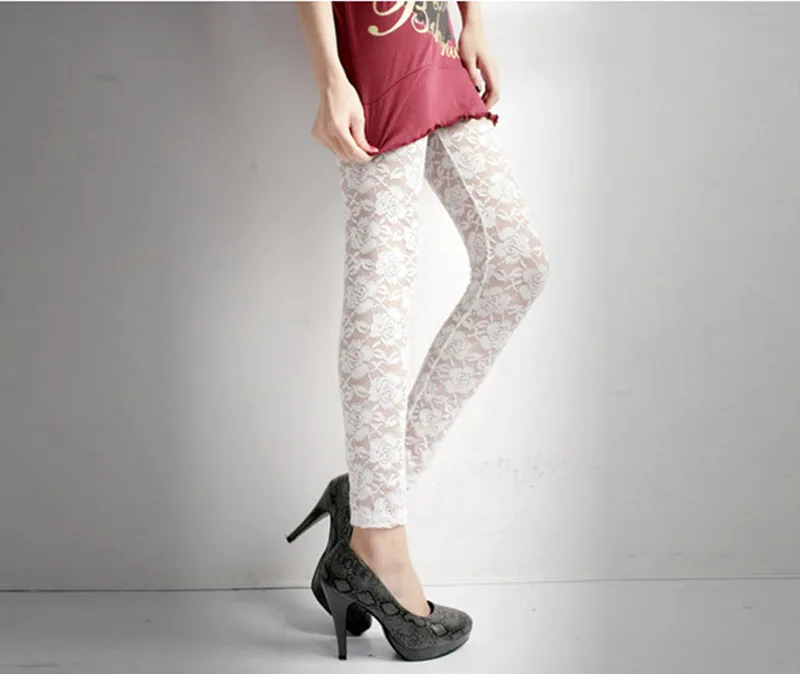 Summer Women Rose Floral Embroidery Full Ankle Length Leggins Hollow Out Lace High Waist Skinny Long Leggings Plus Size One Size