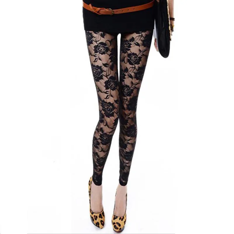 Summer Women Rose Floral Embroidery Full Ankle Length Leggins Hollow Out Lace High Waist Skinny Long Leggings Plus Size One Size