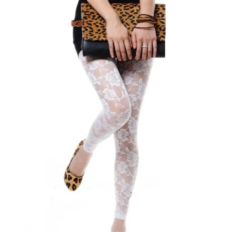 Summer Women Rose Floral Embroidery Full Ankle Length Leggins Hollow Out Lace High Waist Skinny Long Leggings Plus Size One Size