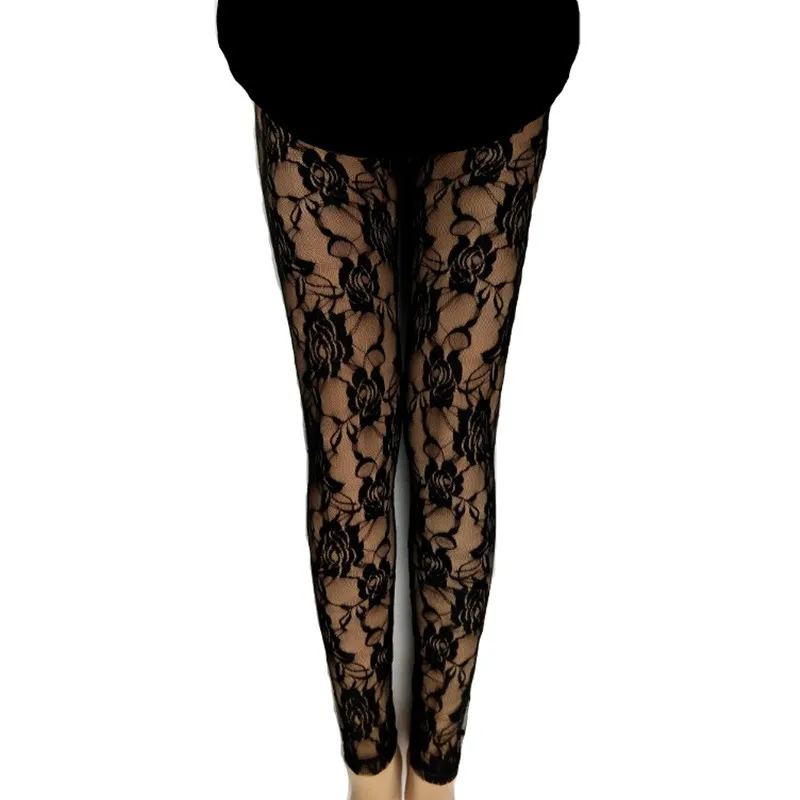 Summer Women Rose Floral Embroidery Full Ankle Length Leggins Hollow Out Lace High Waist Skinny Long Leggings Plus Size One Size