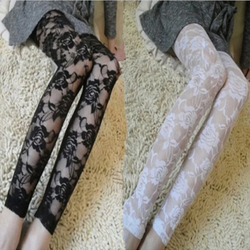 Summer Women Rose Floral Embroidery Full Ankle Length Leggins Hollow Out Lace High Waist Skinny Long Leggings Plus Size One Size