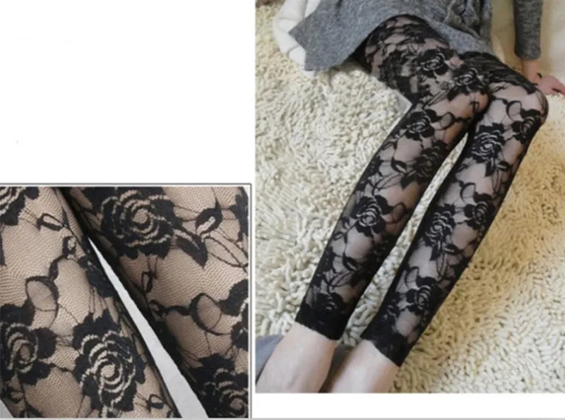 Summer Women Rose Floral Embroidery Full Ankle Length Leggins Hollow Out Lace High Waist Skinny Long Leggings Plus Size One Size