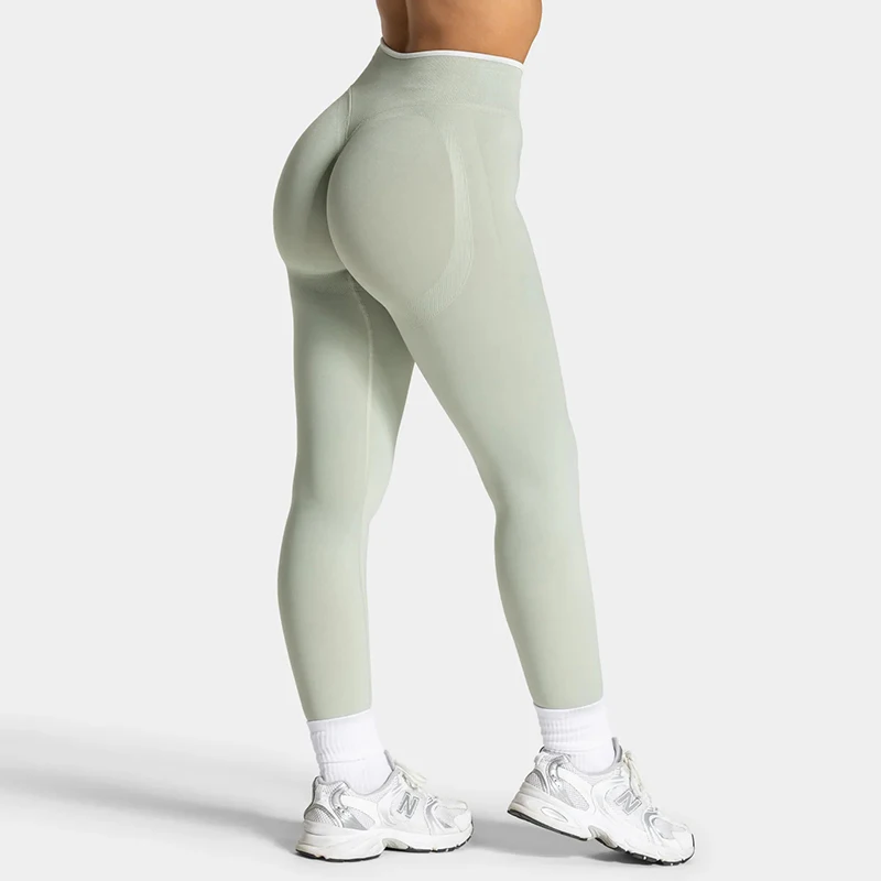 Women's Seamless Gym Solid Color Sports Pants White Edge Waist Tight High Waist Hip Lifting Pants Running Exercise Leggings