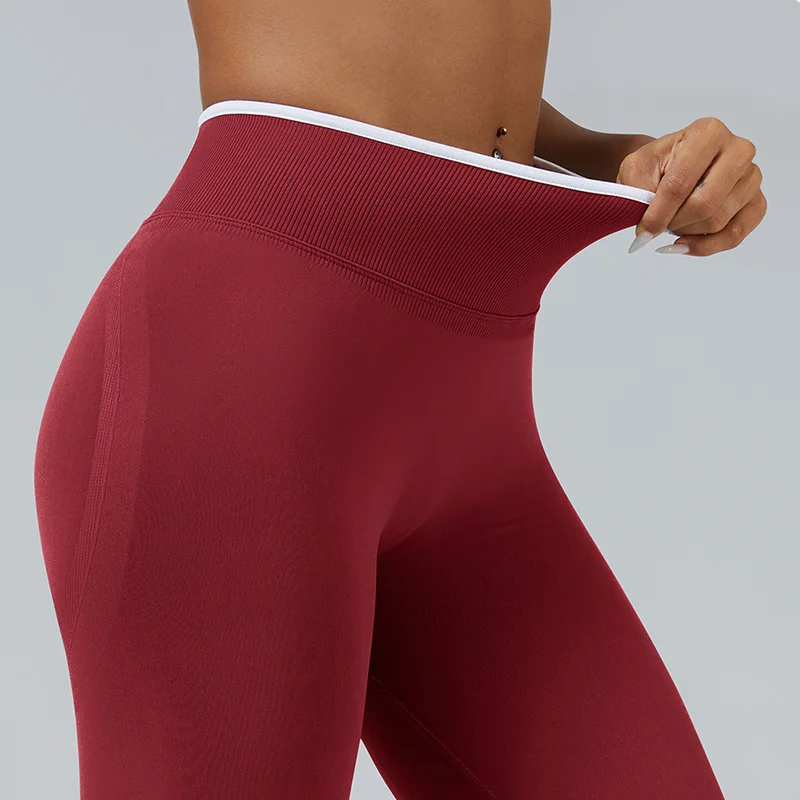 Women's Seamless Gym Solid Color Sports Pants White Edge Waist Tight High Waist Hip Lifting Pants Running Exercise Leggings