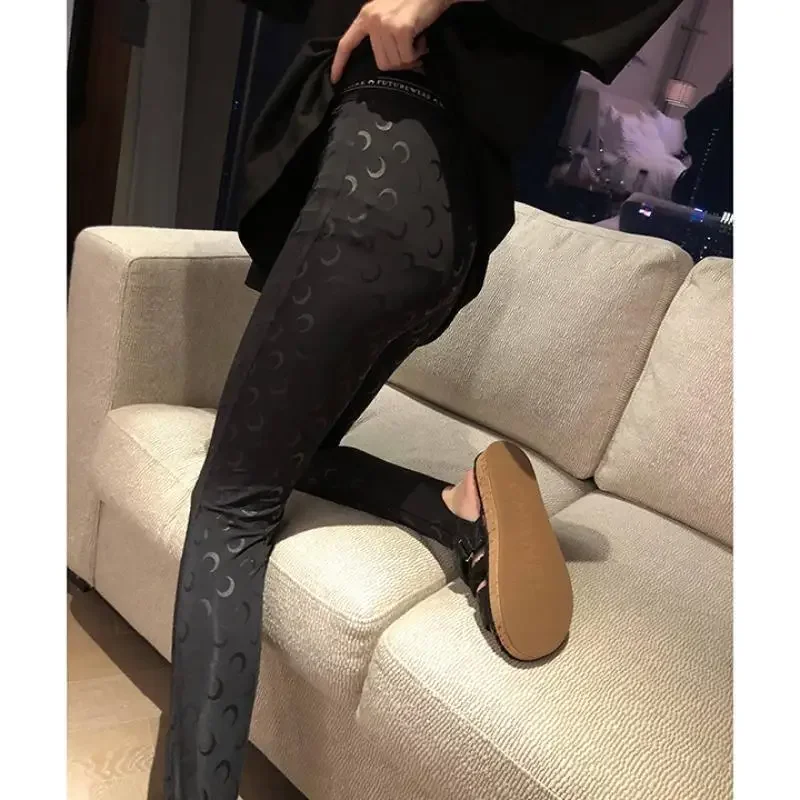 Fashion High Street Casual Women's High Waist Printed Bottom Pants New Women Reflective Tight Elastic Outerwear Pants
