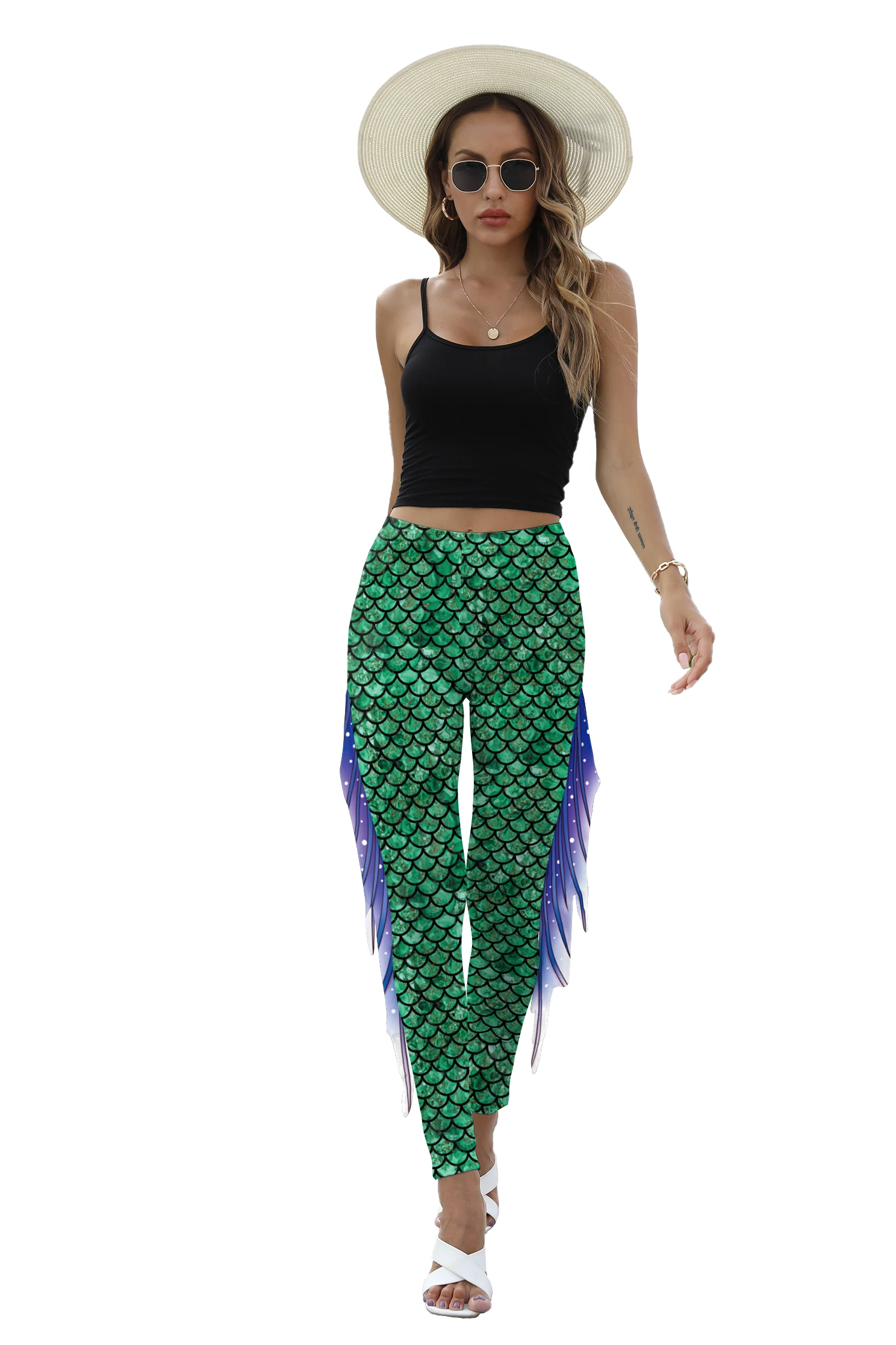 NADANBAO Women Mermaid Printed Leggings for Women Fish Scale 3D Pattern Pants Mid Waist Fashion Trousers Summer Streetwear