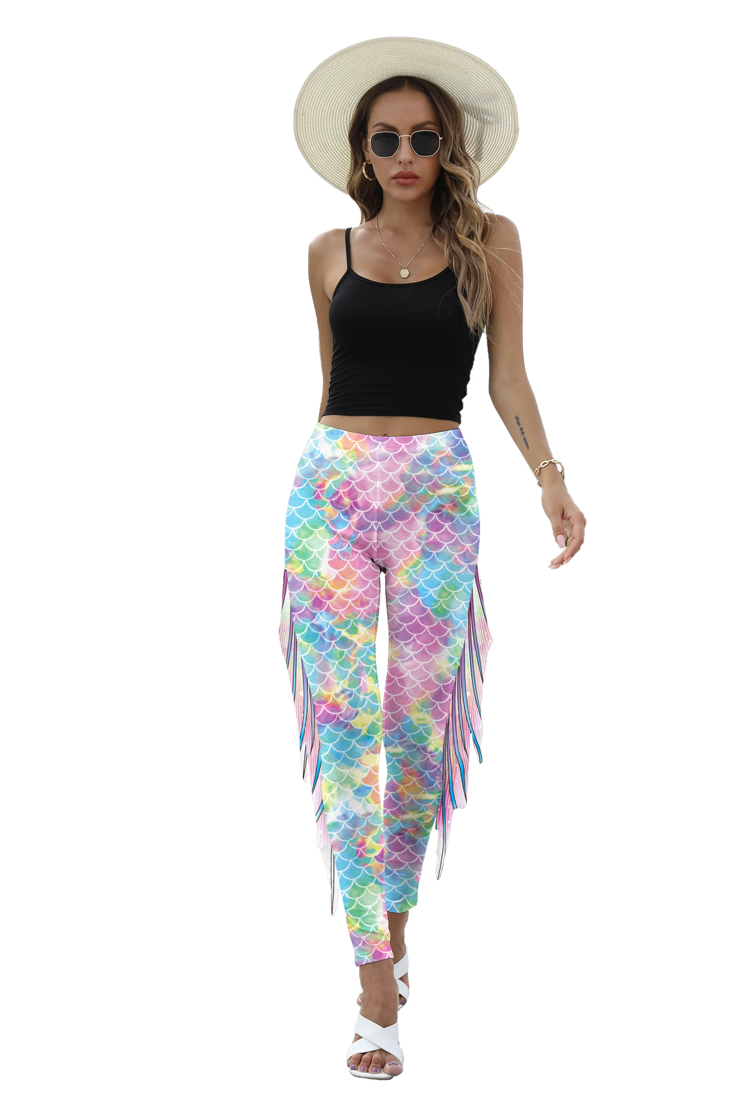 NADANBAO Women Mermaid Printed Leggings for Women Fish Scale 3D Pattern Pants Mid Waist Fashion Trousers Summer Streetwear