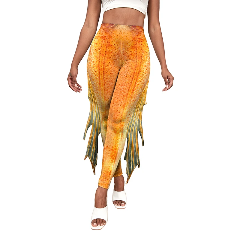 NADANBAO Women Mermaid Printed Leggings for Women Fish Scale 3D Pattern Pants Mid Waist Fashion Trousers Summer Streetwear