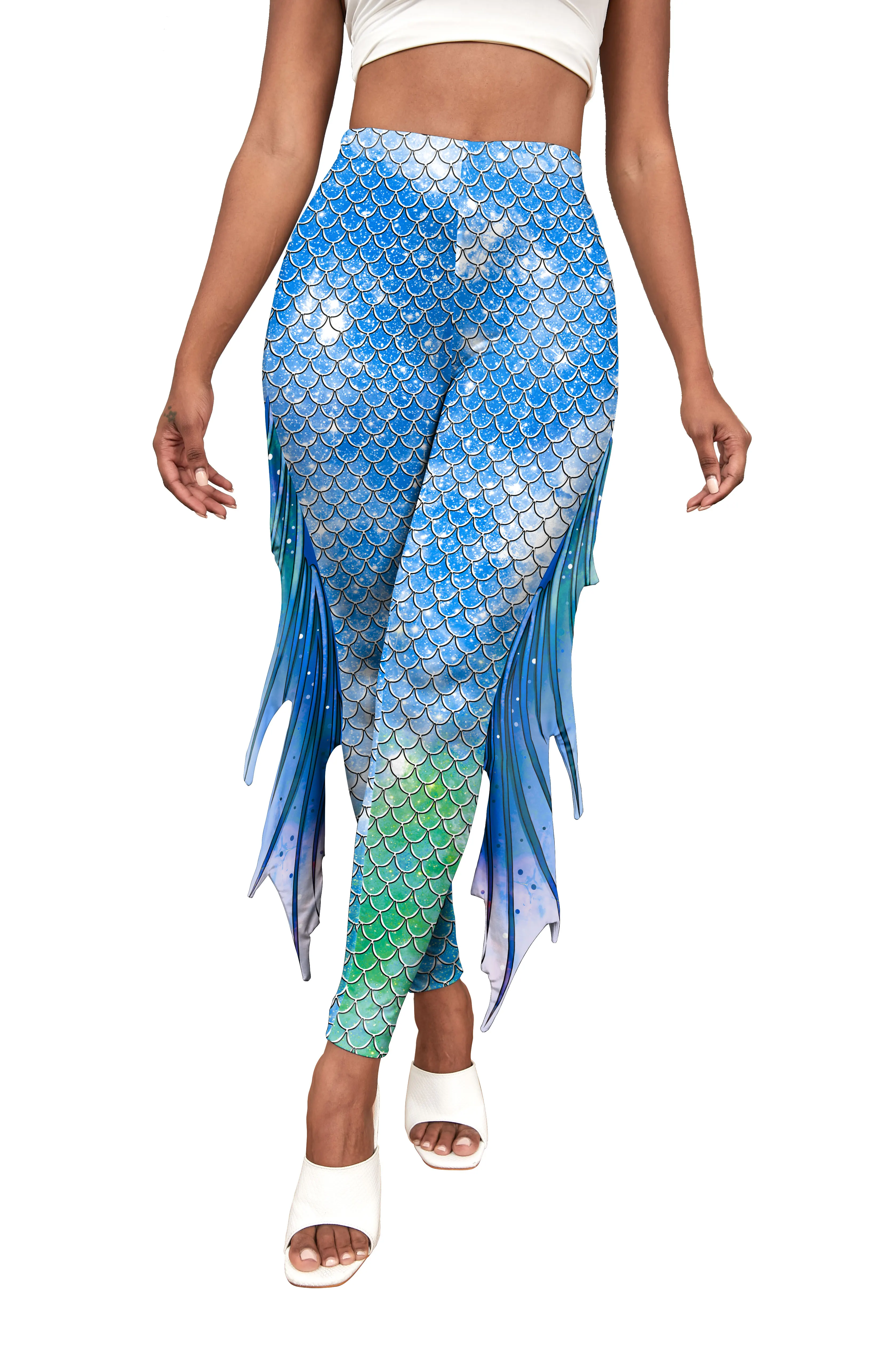 NADANBAO Women Mermaid Printed Leggings for Women Fish Scale 3D Pattern Pants Mid Waist Fashion Trousers Summer Streetwear