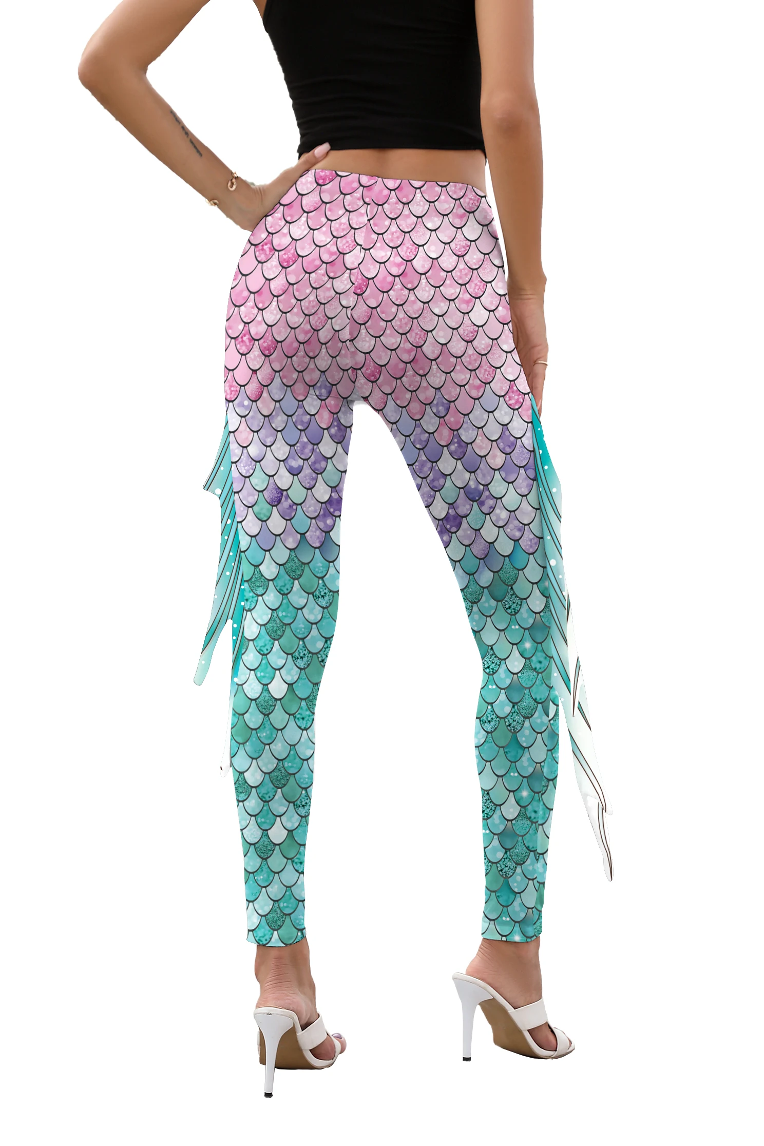 NADANBAO Women Mermaid Printed Leggings for Women Fish Scale 3D Pattern Pants Mid Waist Fashion Trousers Summer Streetwear