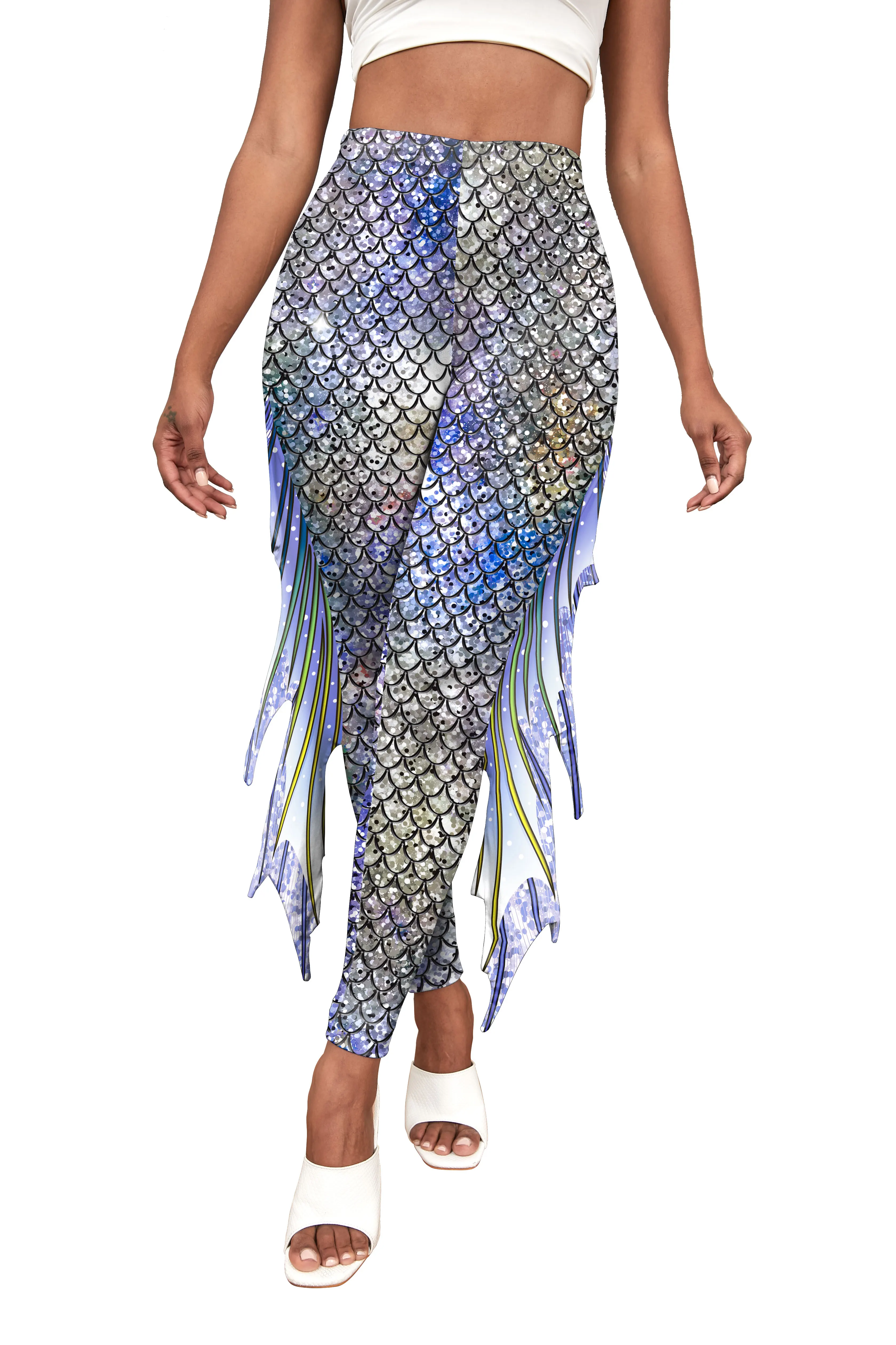 NADANBAO Women Mermaid Printed Leggings for Women Fish Scale 3D Pattern Pants Mid Waist Fashion Trousers Summer Streetwear