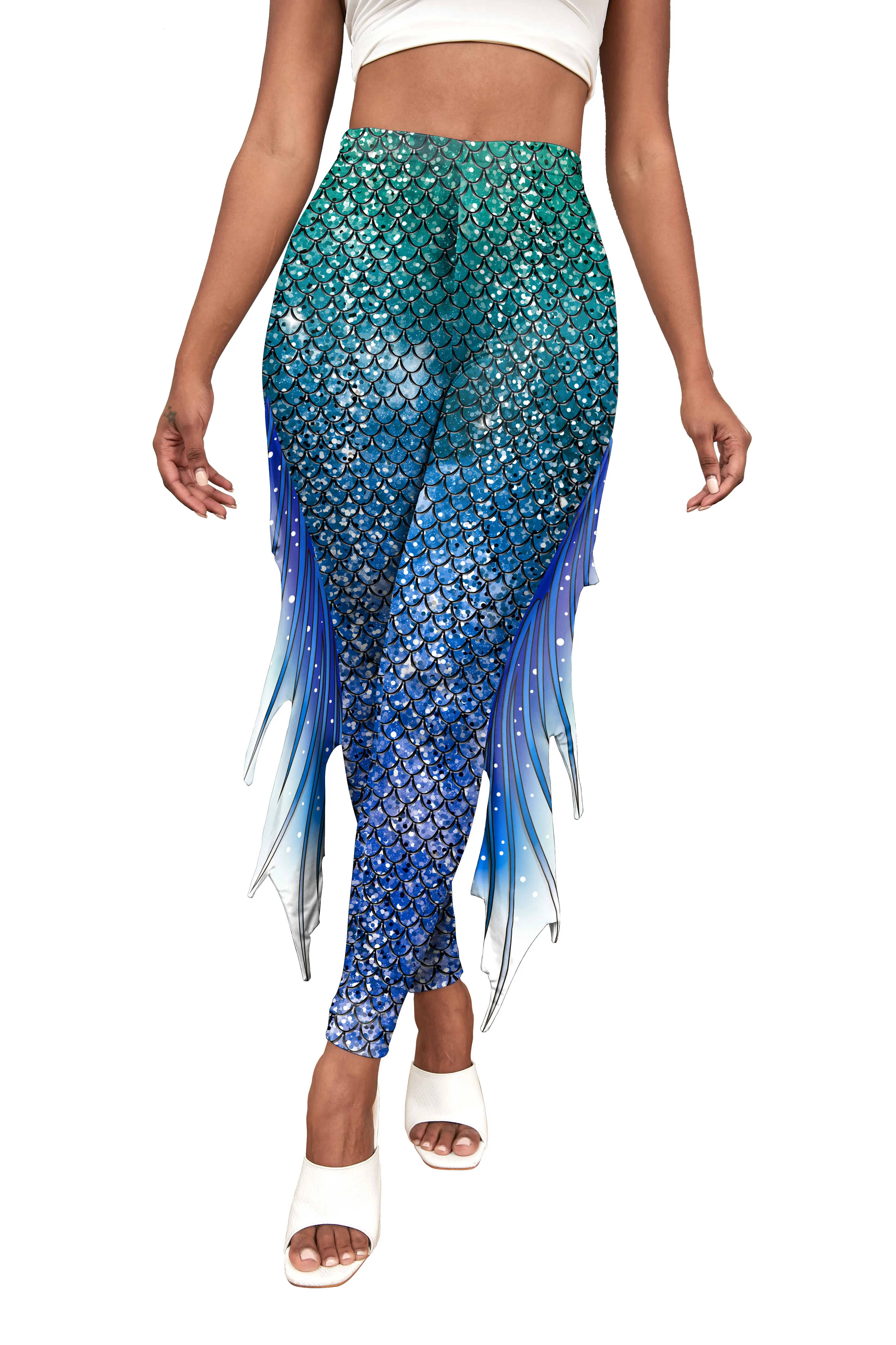 NADANBAO Women Mermaid Printed Leggings for Women Fish Scale 3D Pattern Pants Mid Waist Fashion Trousers Summer Streetwear