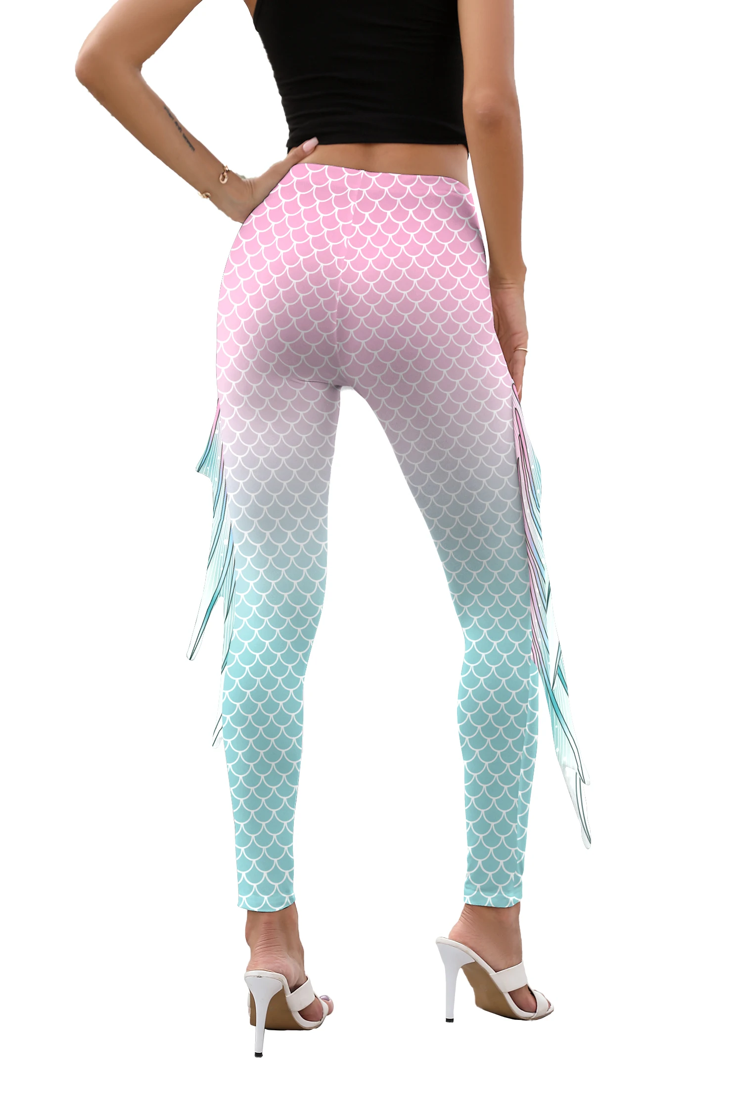 NADANBAO Women Mermaid Printed Leggings for Women Fish Scale 3D Pattern Pants Mid Waist Fashion Trousers Summer Streetwear