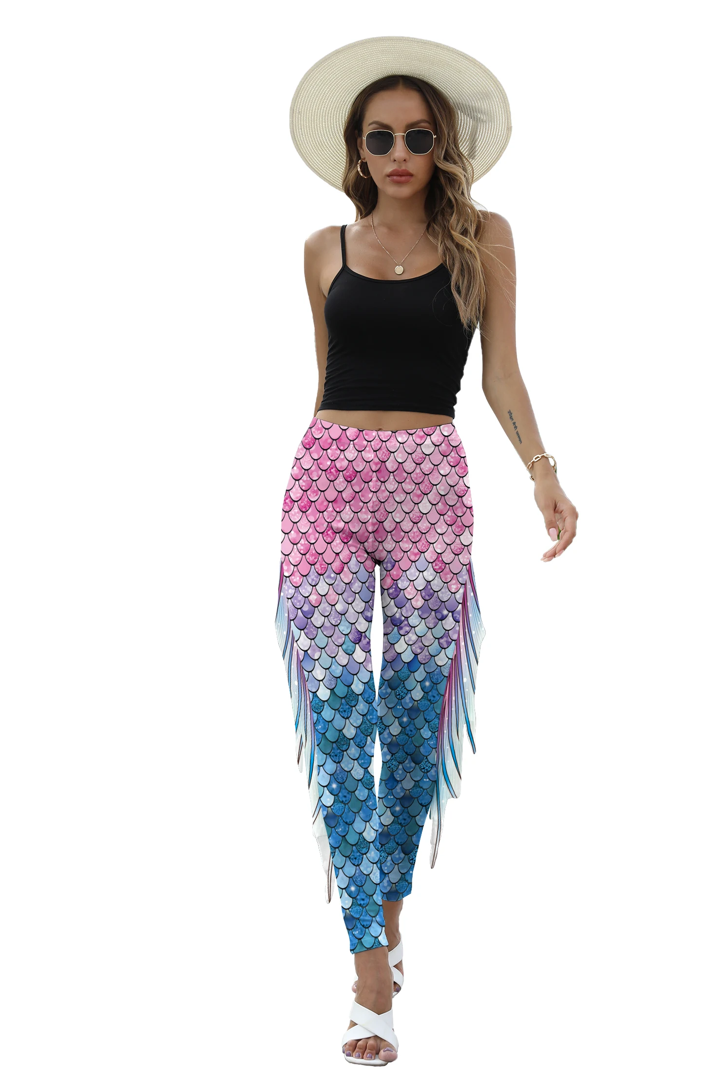 NADANBAO Women Mermaid Printed Leggings for Women Fish Scale 3D Pattern Pants Mid Waist Fashion Trousers Summer Streetwear