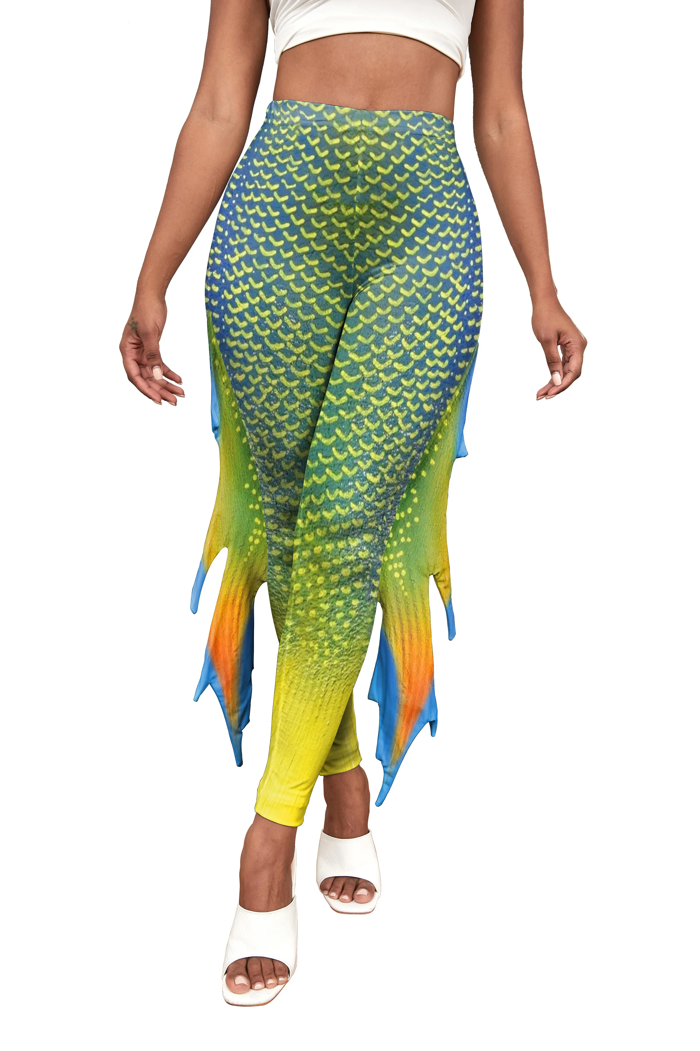 NADANBAO Women Mermaid Printed Leggings for Women Fish Scale 3D Pattern Pants Mid Waist Fashion Trousers Summer Streetwear