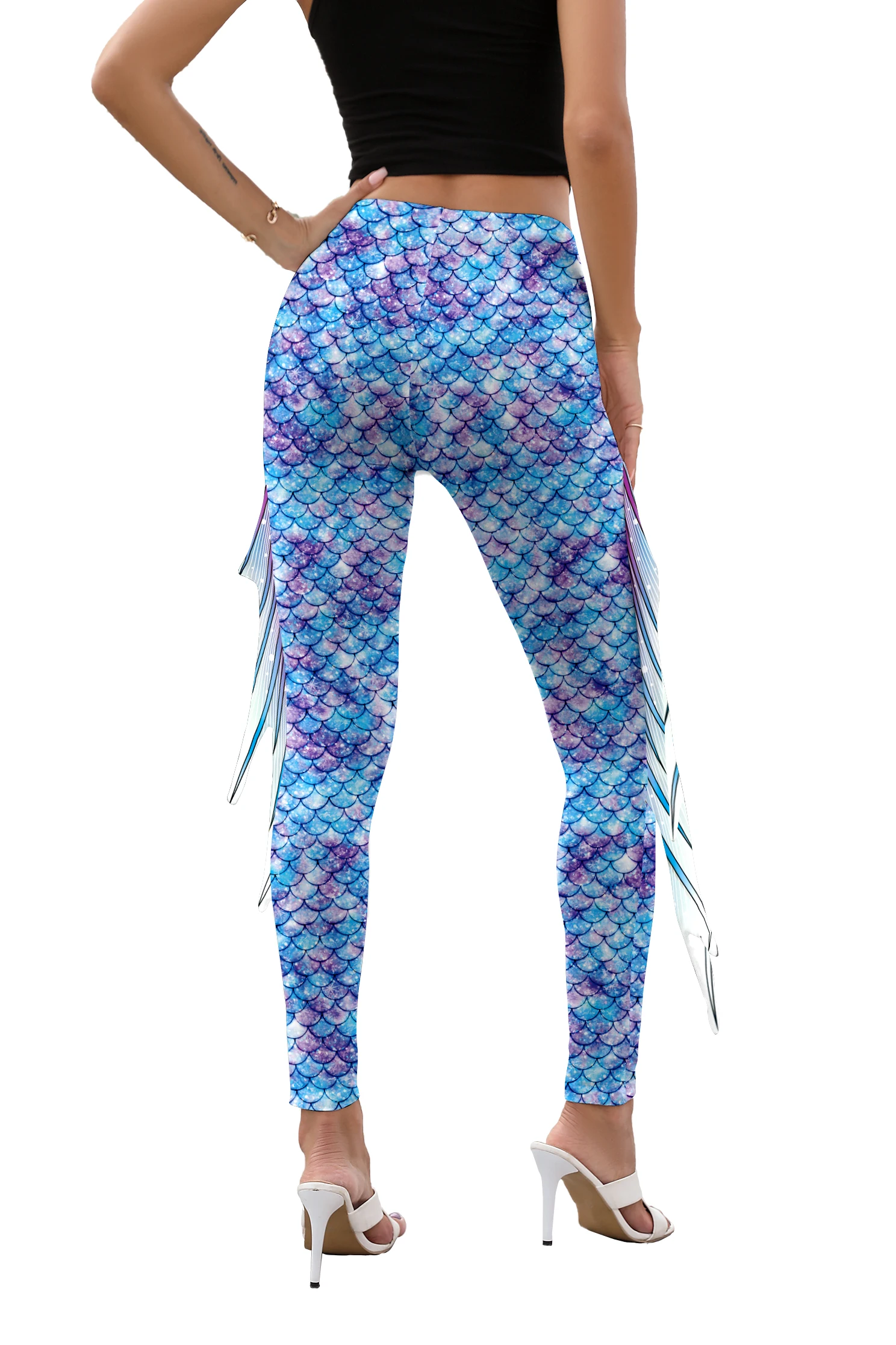 NADANBAO Women Mermaid Printed Leggings for Women Fish Scale 3D Pattern Pants Mid Waist Fashion Trousers Summer Streetwear