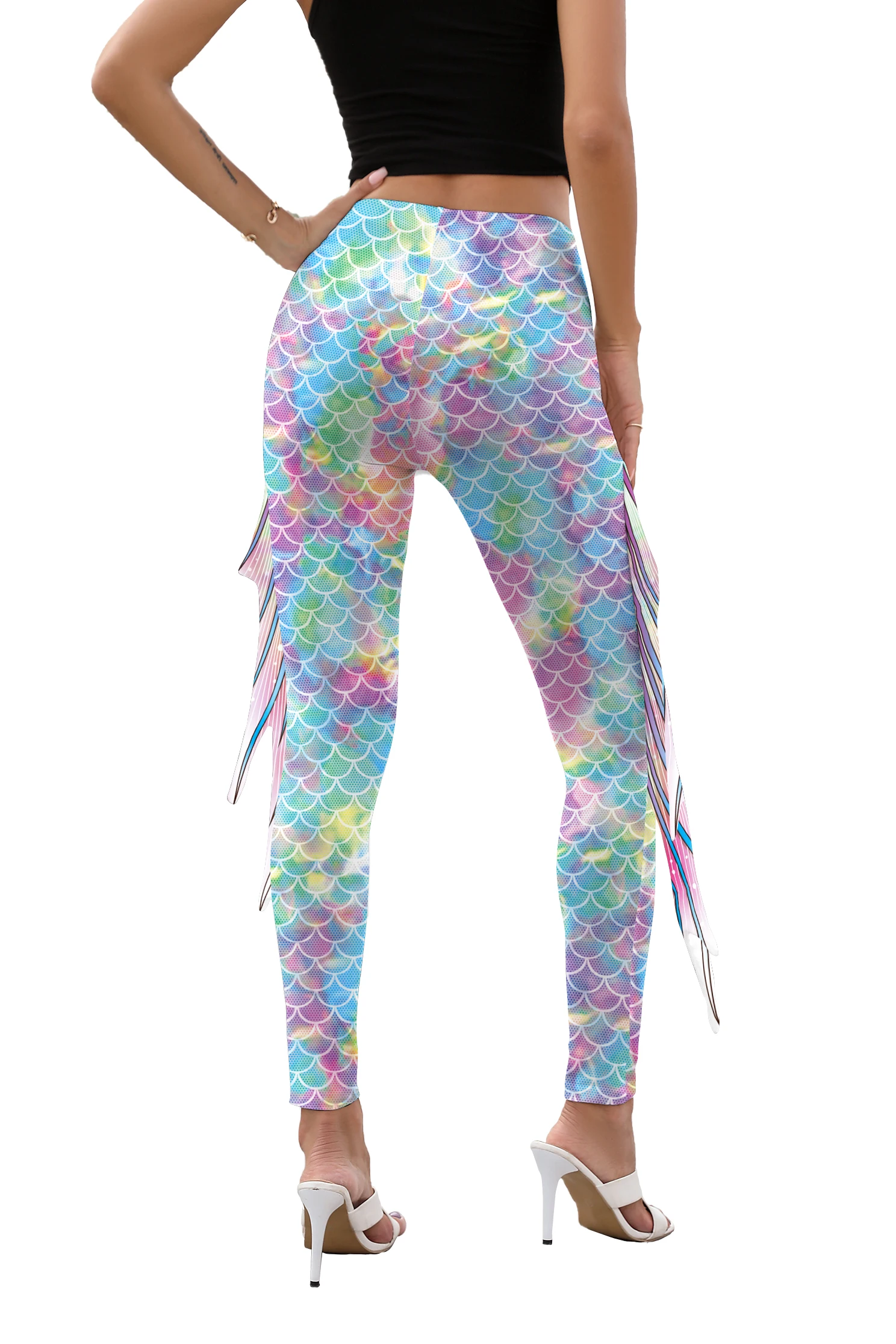 NADANBAO Women Mermaid Printed Leggings for Women Fish Scale 3D Pattern Pants Mid Waist Fashion Trousers Summer Streetwear