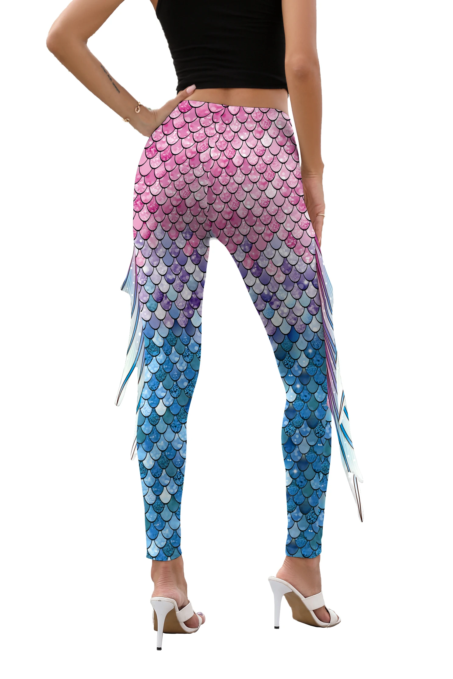 NADANBAO Women Mermaid Printed Leggings for Women Fish Scale 3D Pattern Pants Mid Waist Fashion Trousers Summer Streetwear