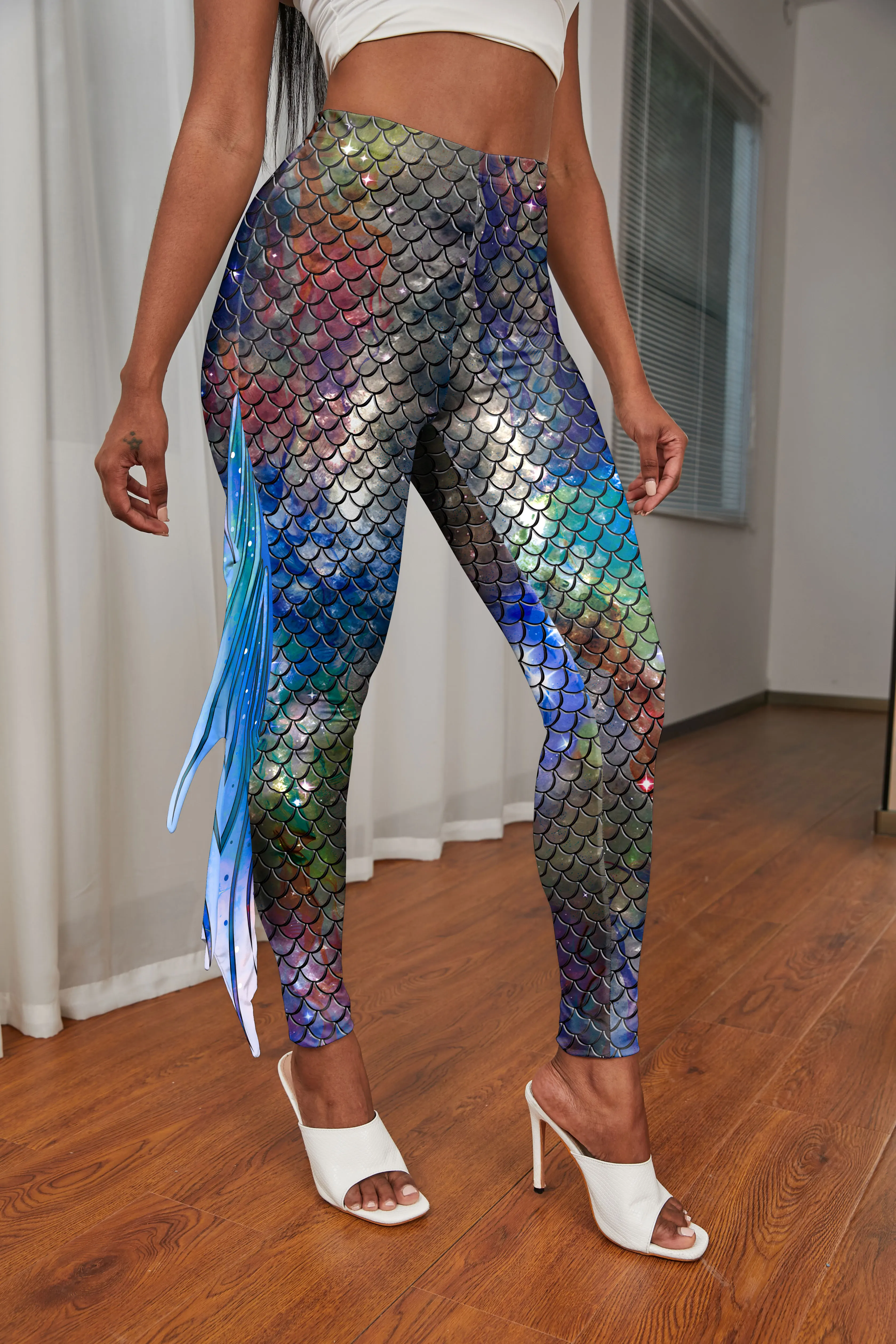 NADANBAO Women Mermaid Printed Leggings for Women Fish Scale 3D Pattern Pants Mid Waist Fashion Trousers Summer Streetwear