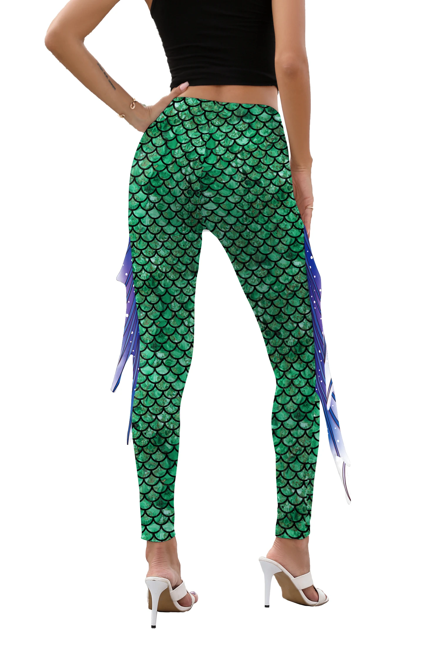 NADANBAO Women Mermaid Printed Leggings for Women Fish Scale 3D Pattern Pants Mid Waist Fashion Trousers Summer Streetwear