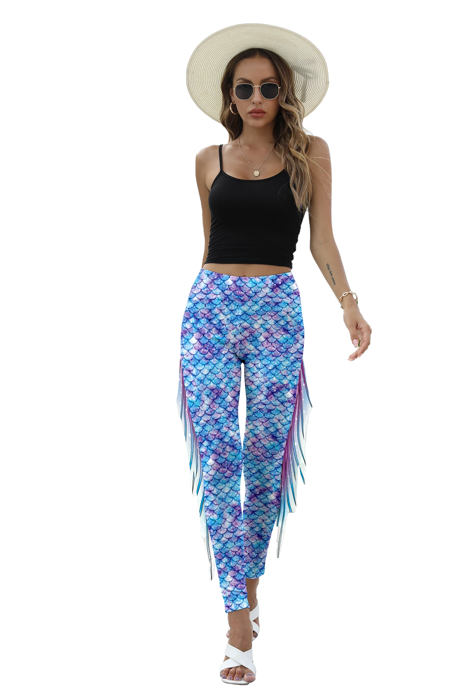 NADANBAO Women Mermaid Printed Leggings for Women Fish Scale 3D Pattern Pants Mid Waist Fashion Trousers Summer Streetwear
