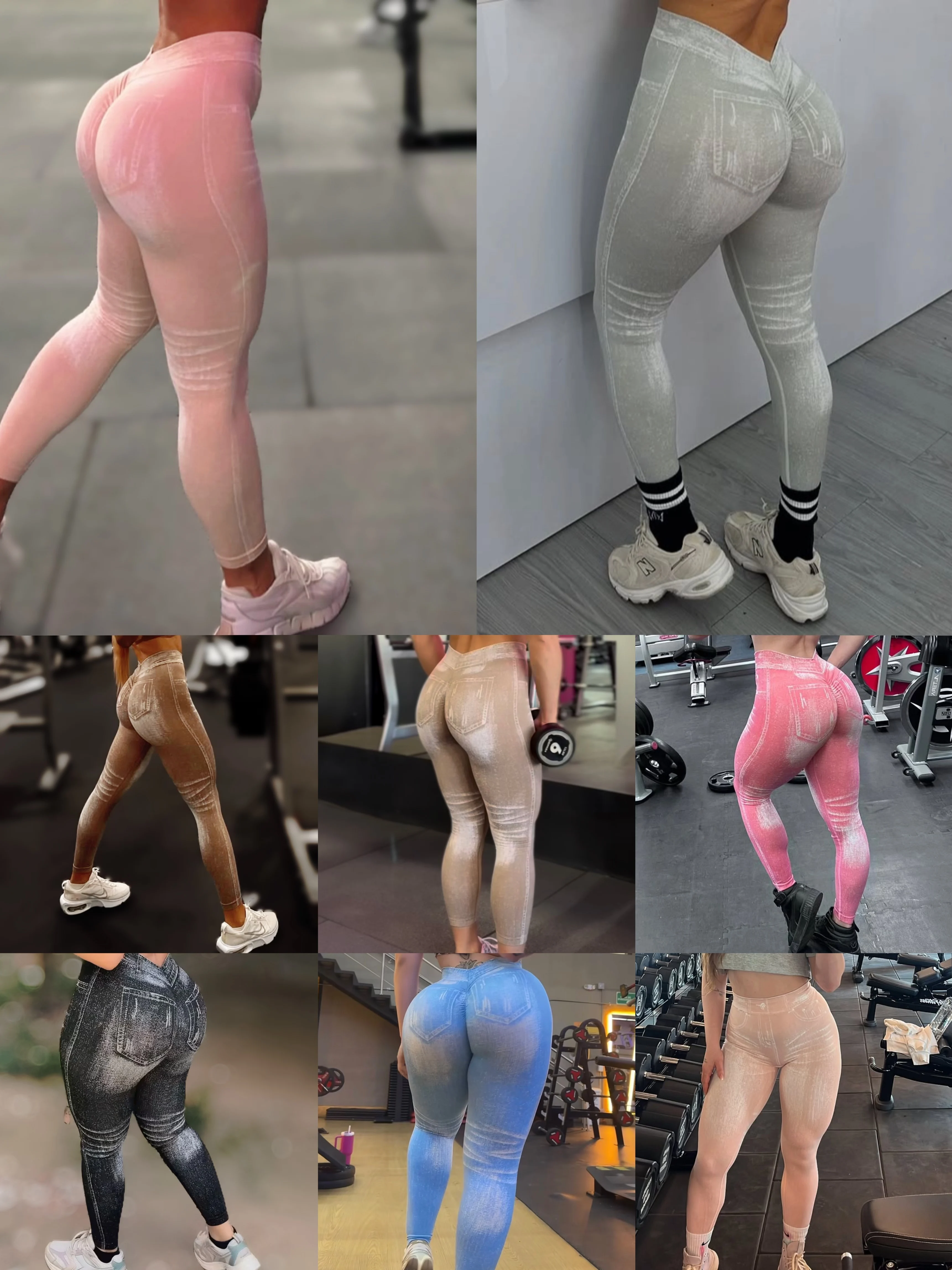 Women Jean Leggings V Back Gym Fitness Athletic Workout Scrunch Leggings Good Elastic Yoga Pants Sports Training Tights