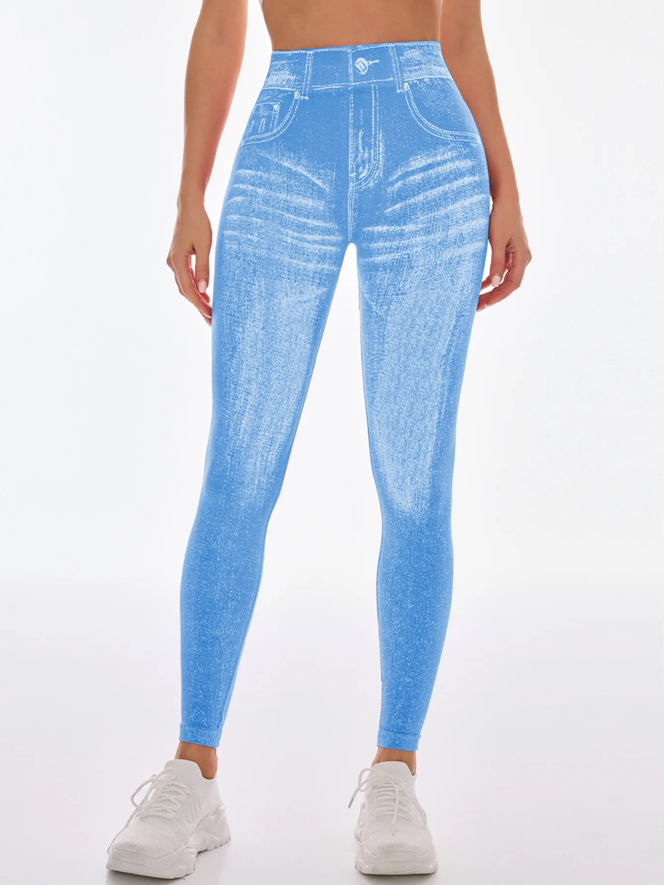 Women V Back Gym Leggings Faux Denim Jeans Athletic Workout Leggins Elastic Seamless Training Yoga Pants Sports Fitness Tights