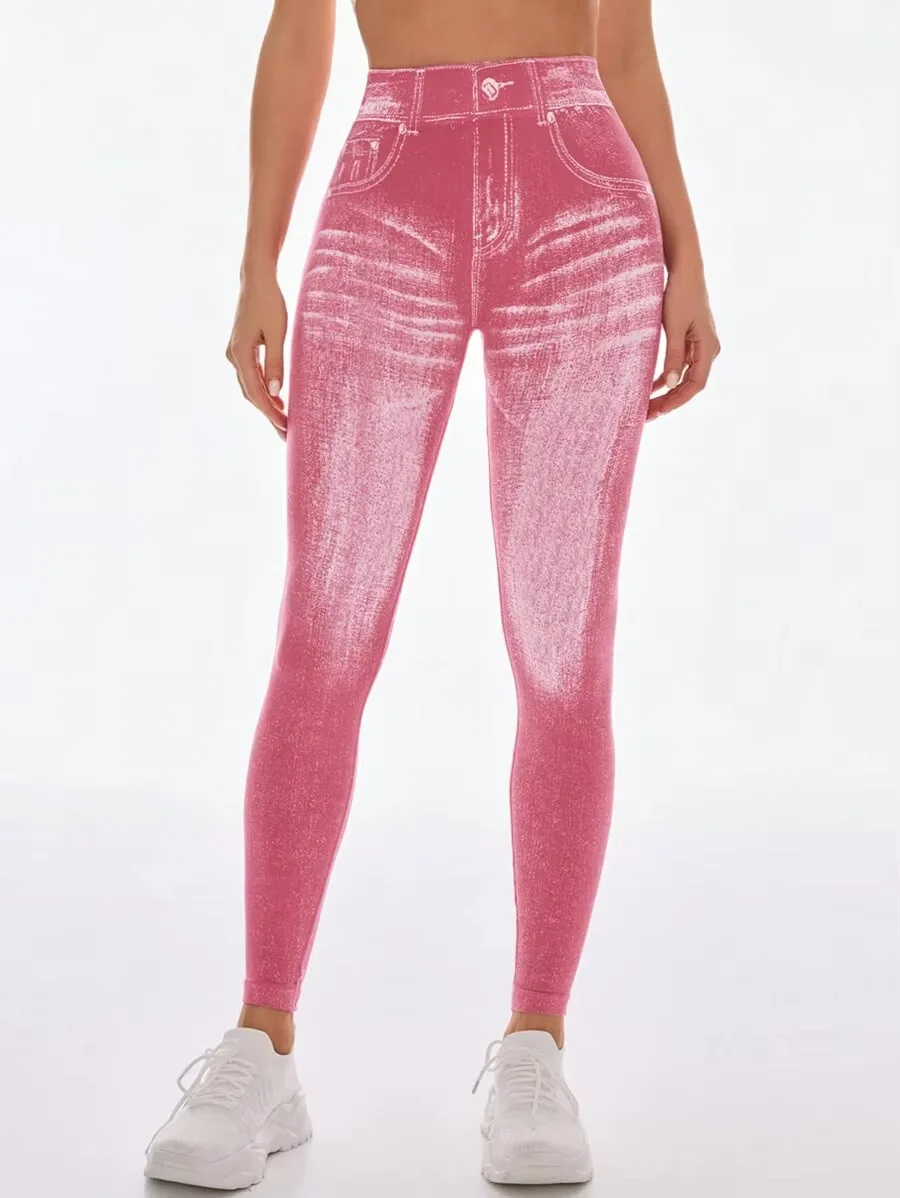 Women V Back Gym Leggings Faux Denim Jeans Athletic Workout Leggins Elastic Seamless Training Yoga Pants Sports Fitness Tights