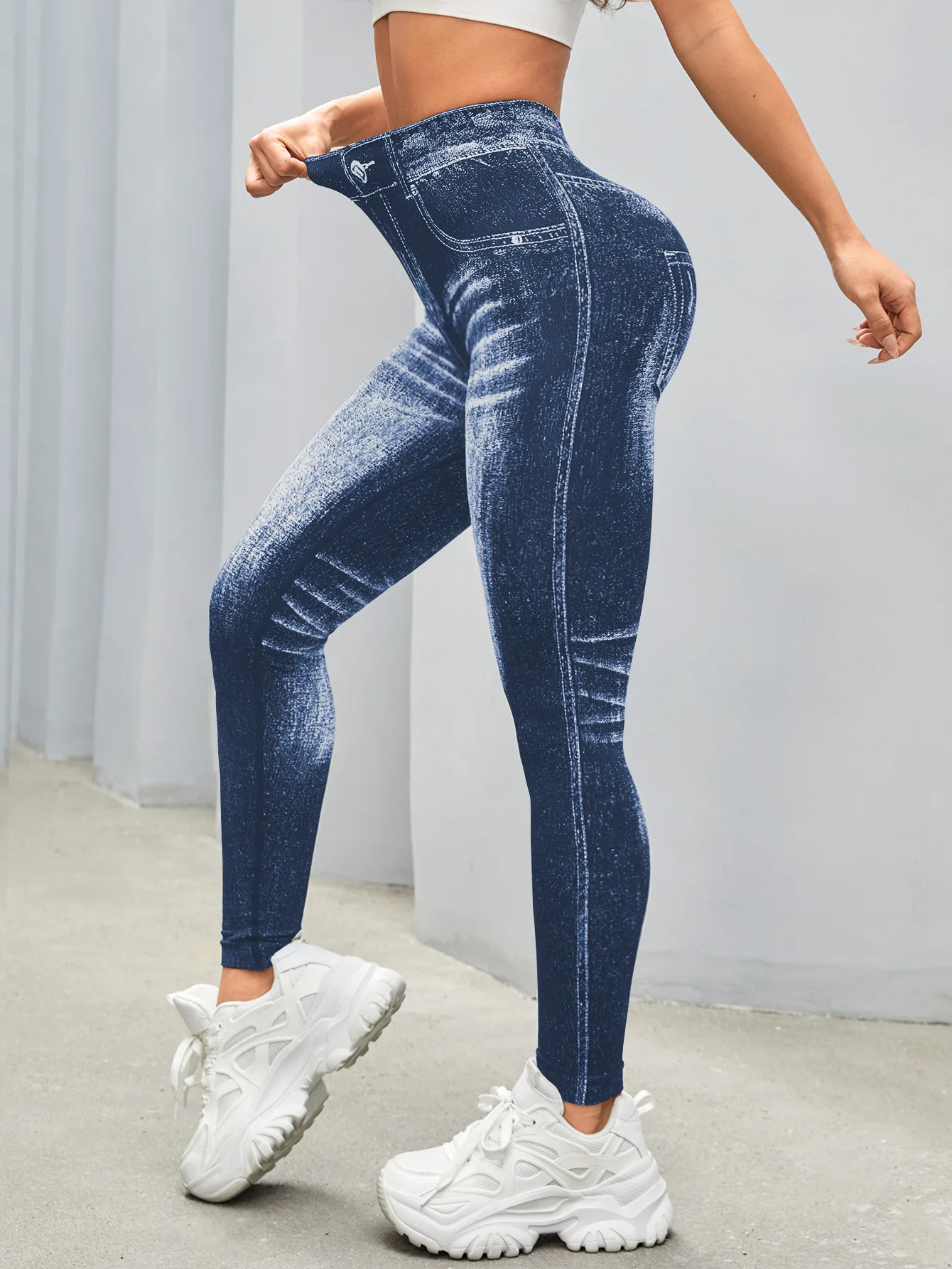 Women V Back Gym Leggings Faux Denim Jeans Athletic Workout Leggins Elastic Seamless Training Yoga Pants Sports Fitness Tights