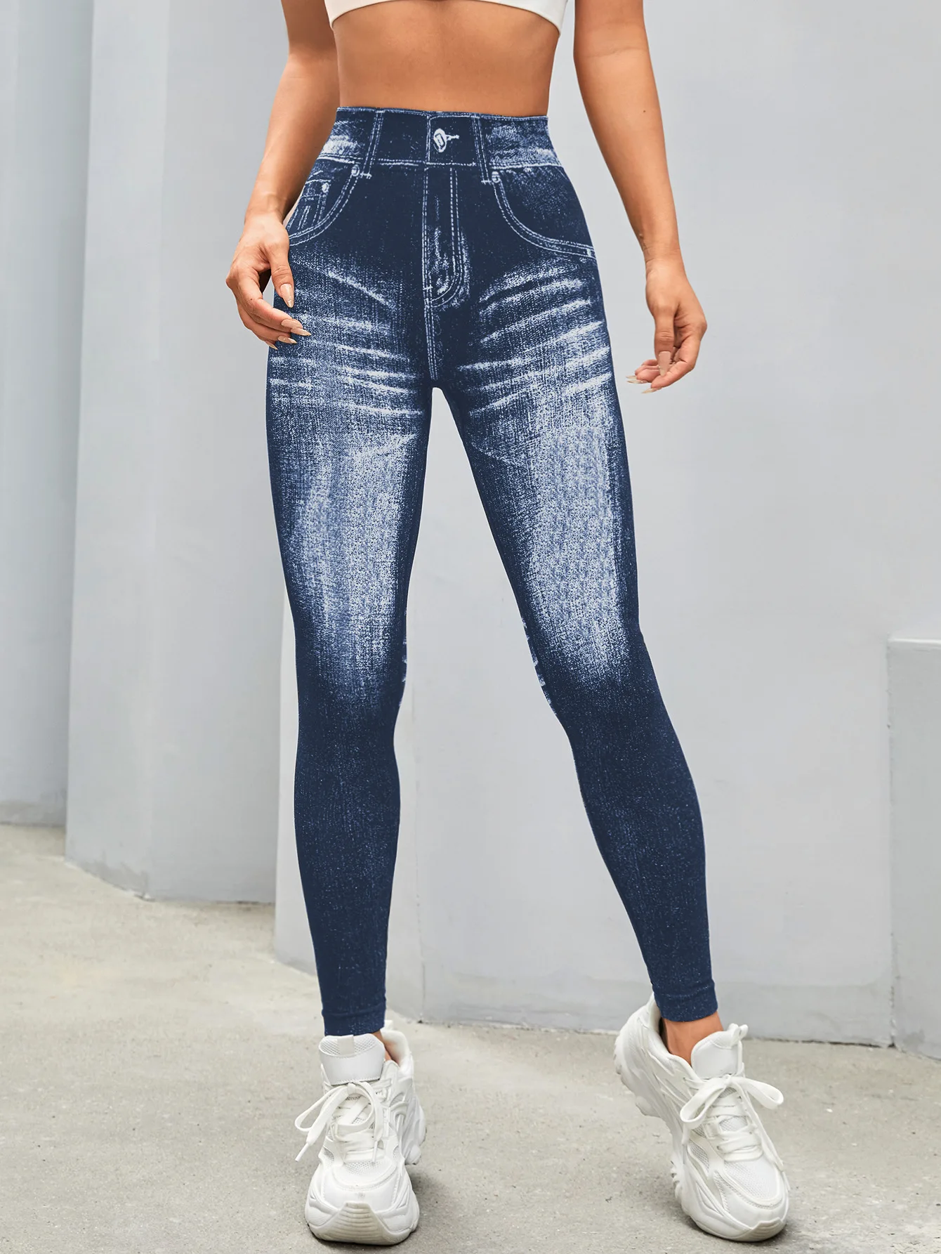 Women V Back Gym Leggings Faux Denim Jeans Athletic Workout Leggins Elastic Seamless Training Yoga Pants Sports Fitness Tights