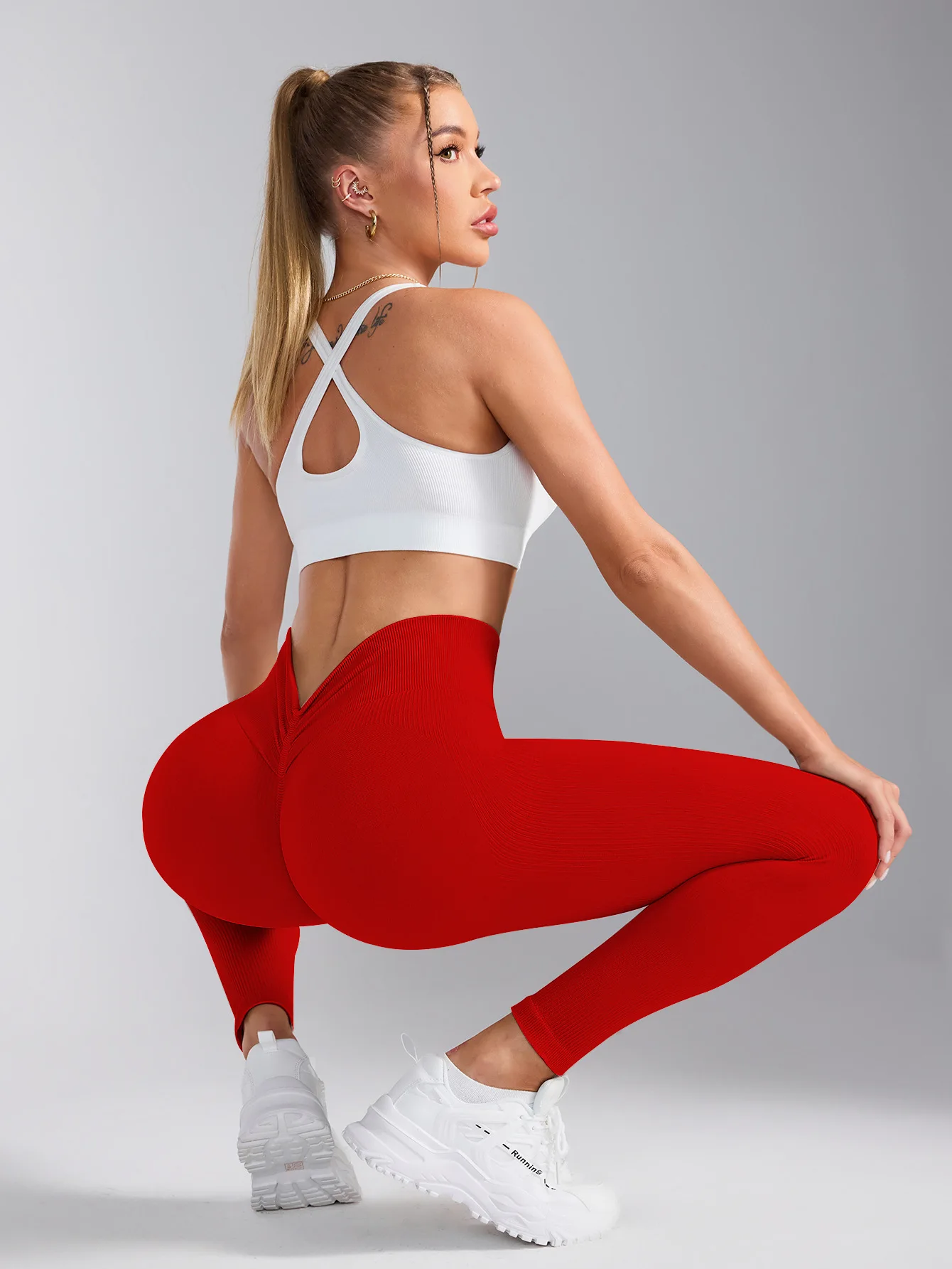 V-Back High Waisted Yoga Leggings Seamless Knit Tights for Women Quick Dry Butt Lifting Fashion Slim High Elastic Leggings